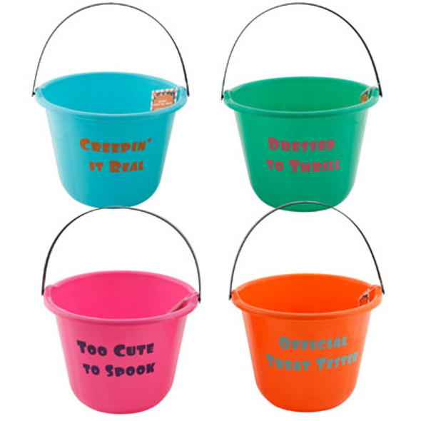 BUCKET TRICK OR TREAT 4AST FASHION COLORS/SAYINGS HLWN/HT 9IN X 7IN H