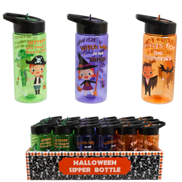 SIPPER BOTTLE W/FLIPTOP STRAW 16OZ 3AST HALLOWEEN PRINTS/UPC LABEL IN TRAY COUNTER DISPLAY SIPPER BOTTLE W/FLIPTOP STRAW 16OZ 3AST HALLOWEEN PRINTS/UPC LABEL IN TRAY COUNTER DISPLAY