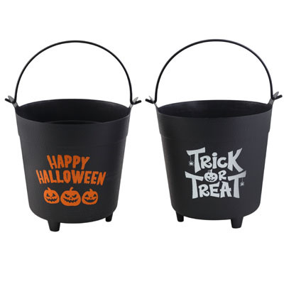 CAULDRON LARGE BLACK HALLOWEEN PLASTIC 2AST PRINTS 6.5L/9.5INH HLWN LABEL