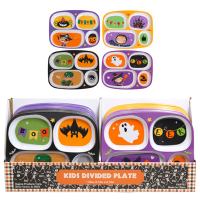DINNERWARE KIDS HALLOWEEN 48PC 4 ASSORTED MELAMINE 4-SECTION PLATE  9.5X8.5IN COUNTER DISPLAY