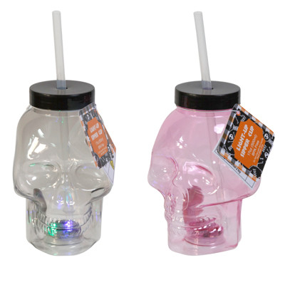 SKULL HEAD SIPPER CUP W/STRAW LIGHT-UP 3-FUNCTION PLASTIC 2AST COLORS 17OZ