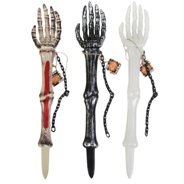 SKELETON ARM YARD STAKE 3AST 23IN PLASTIC/CASE CUT DISPLAY GID/SILVER/BLOODY HLWN HT SKELETON ARM YARD STAKE 3AST 23IN PLASTIC/CASE CUT DISPLAY GID/SILVER/BLOODY HLWN HT