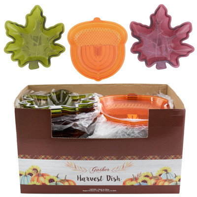 HARVEST LEAF/ACORN SHAPE DISH PLASTIC 2AST SHAPE/3CLR-48PC PDQ W/UPC LABEL