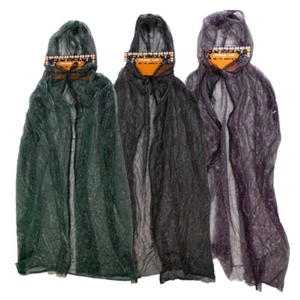 CAPE ADULT W/HOOD SHEER SPIDER WEB PRINT 3AST CLRS 32IN/HWLN HDR