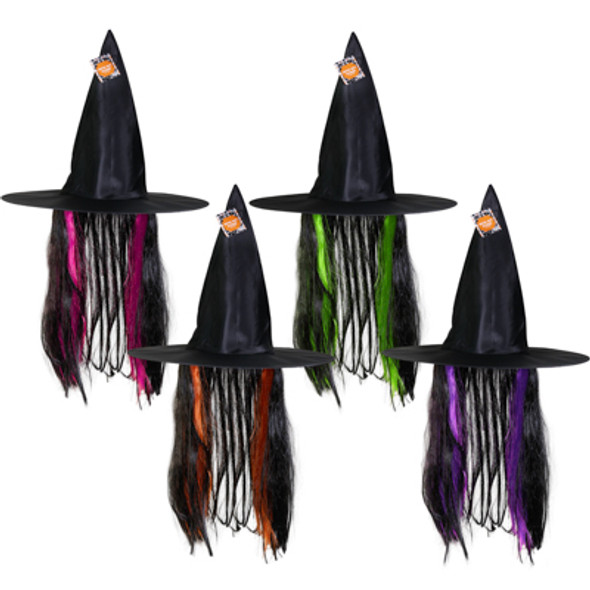 WITCH HAT ADULT SIZE W/HAIR 4AST COLORS 17IN DIA HT/JHOOK WITCH HAT ADULT SIZE W/HAIR 4AST COLORS 17IN DIA HT/JHOOK