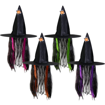 WITCH HAT ADULT SIZE W/HAIR 4AST COLORS 17IN DIA HT/JHOOK