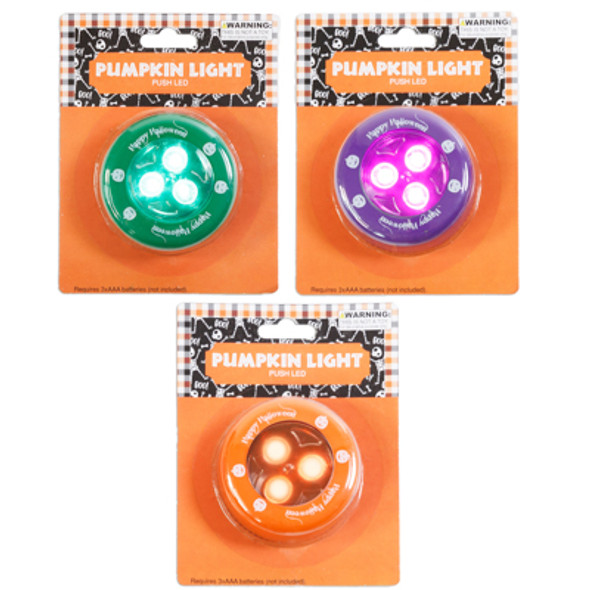 PUMPKIN PUSH LIGHT LED 3AST COLORS/ 3AAA BATTERIES REQUIRED NOT INCLUDED BLISTERCARD PUMPKIN PUSH LIGHT LED 3AST COLORS/ 3AAA BATTERIES REQUIRED NOT INCLUDED BLISTERCARD
