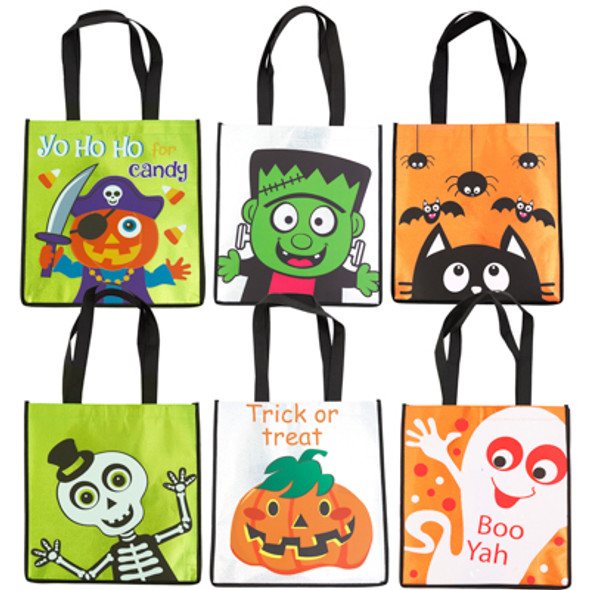 TRICK OR TREAT BAG 6AST DESIGNS W/LASER GROUND 12 X 2.75 X 13IN/HLWN HT
