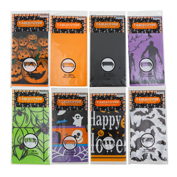 TABLECOVER HALLOWEEN 54X108 PE PLASTIC 6 PRINTS/2 SOLIDS PRTBPB
