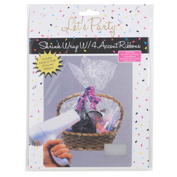BASKET SHRINK WRAP CLEAR 24X30 W/4 ACCENT RIBBONS FOR EVERYDAY USE PARTY PB/INSERT