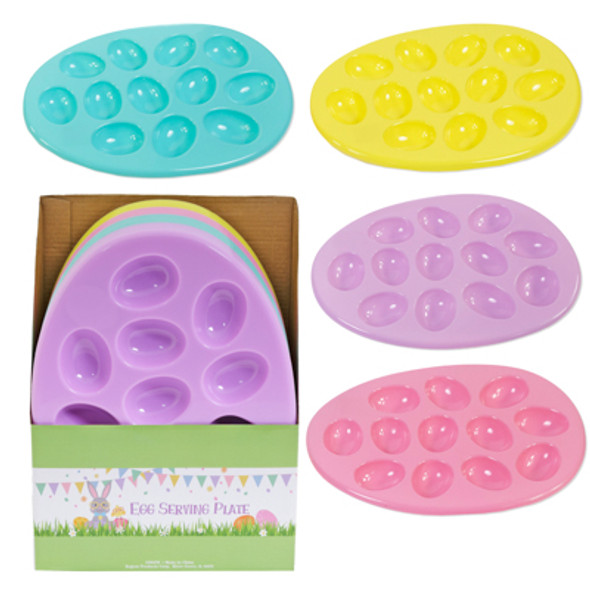EASTER EGG PLASTIC EGG PLATE 12 WELLS 4 PASTEL COLORS/24PC PDQ 11.75 X 8.5IN  UPC LABEL