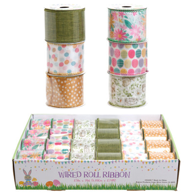 WIRE RIBBON SPRING EASTER 6AST 2.5IN X 3YD 24PC PDQ