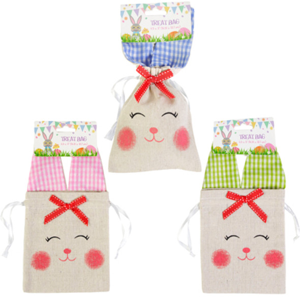 TREAT BAG BURLAP BUNNY FACE 3AST 6.5X5IN ON 12PC MDSGSTRIP PINK/GREEN/BLUE EASTER HT