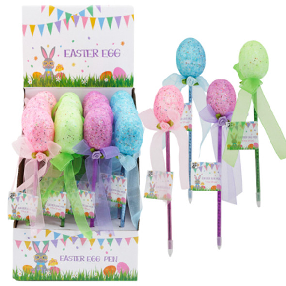 PEN W/FOAM EGG TOP W/SATIN BOW 9.5IN 4ASST COLORS IN 24PC PDQ/LABEL