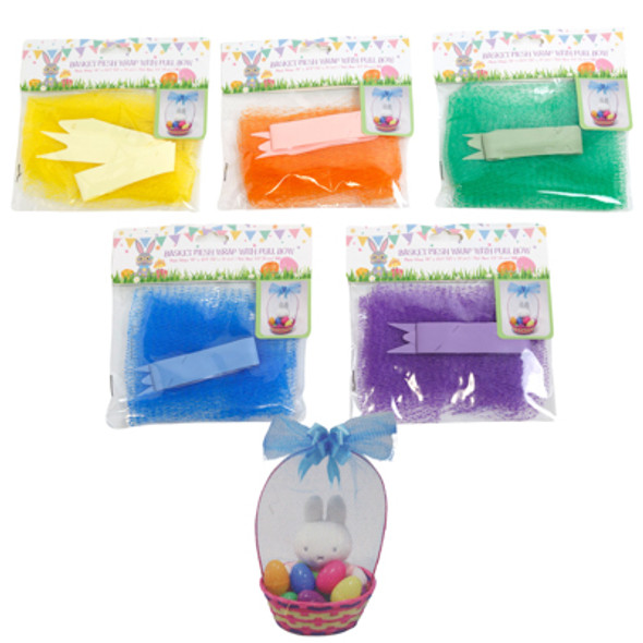 MESH EASTER BASKET WRAP W/PULLBOW 5AST CLRS 50 X 22.5IN & 5.5IN BOW/PBH W/DROP DOWN IMAGE