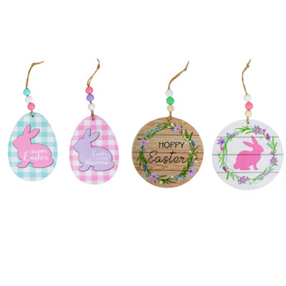 EASTER ORNAMENTS MDF 4AST CIRCLE/EGG SHAPE W/BEAD ACCENT 5.125X0.5X5.125/3.75X0.5X5.125
