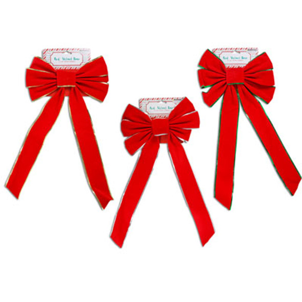 BOW 10X22IN RED VELVET 3 AST W/GOLD GREEN SILVER TRIM XMAS TCD
