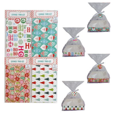 COOKIE TRAY KIT CHRISTMAS 2 PRNTD PAPER TRAYS/ 2 CELLO BAGS/RIBBONS/TAGS  4AST PRINTS  XMAS PBH