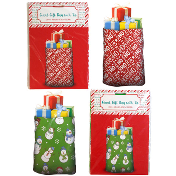 GIFT BAG GIANT 36X48IN PE PLST 2AST XMAS PRINT W/ROPE TIE PB/INS .03MM GAUGE GIFT BAG GIANT 36X48IN PE PLST 2AST XMAS PRINT W/ROPE TIE PB/INS .03MM GAUGE