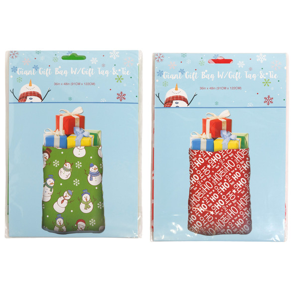 GIFT BAG GIANT 36X48IN PE PLST 2AST XMAS PRINT W/ROPE TIE PB/INS .03MM GAUGE