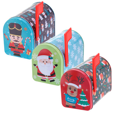 MAILBOX SHAPED TIN 3 ASTCHRISTMAS DESIGNS 5X3X3.74HINGED LID/UPC LABEL