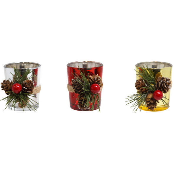 VOTIVE CANDLE HOLDER CRACKLEW/PINECONES/BERRY/GREENS 3AST RED/SILVER/GOLD UPC LABEL