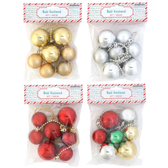 GARLAND BALL ORNAMENTS 6FT 7/8CT 4AST COLORS XMAS PBH SILVER/GOLD/RED/MULTI CLR