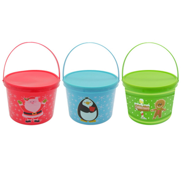 COOKIE BUCKET W/LID & HANDLE 3AST SANTA/PENGUIN/GINGERBRD PRINTS 6.75 X 4.5IN UPC LABEL