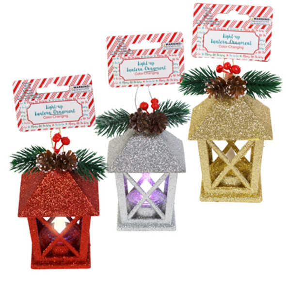 ORNAMENT GLITTER LANTERN LITE-UP3AST W/PINE TRIM 4.5HX2.75WRED/SILVER/GOLD XMAS HDR