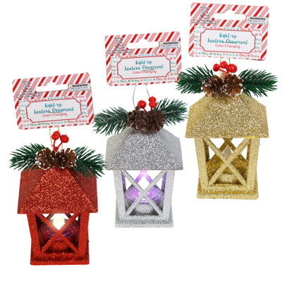 ORNAMENT GLITTER LANTERN LITE-UP3AST W/PINE TRIM 4.5HX2.75WRED/SILVER/GOLD XMAS HDR