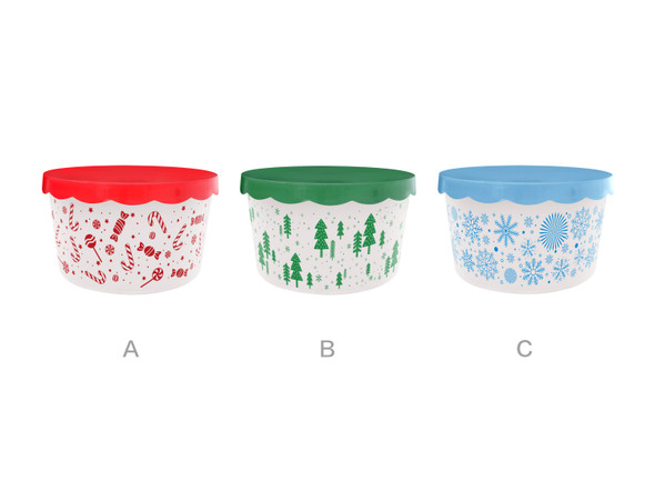 COOKIE CONTAINER W/SCALLOPED LID 3AST CHRISTMAS PRINTS/7.8DIA X4.6INH EA/UPC LABEL