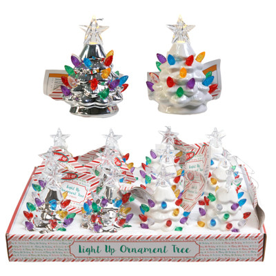 ORNAMENT VINTAGE TREE CERAMIC W/LIGHT UP BULBS 4X2.75IN 2AST SILVER/WHITE 12PC PDQ