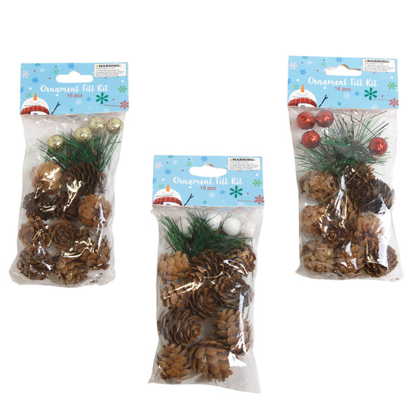 ORNAMENT FILLER/DECOR SET 16PC 3AST PINECONES/GLITTER BERRY PICKS/PINE NEEDLES PBH