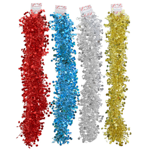 GARLAND TINSEL 9FT W/DIECUT HEXAGON 4AST COLORS GREEN/RED/SILVER/GOLD BARBELL CRD