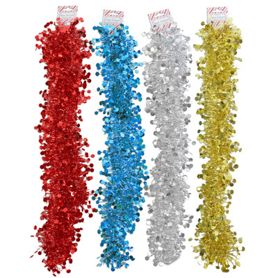 GARLAND TINSEL 9FT W/DIECUT HEXAGON 4AST COLORS GREEN/RED/SILVER/GOLD BARBELL CRD