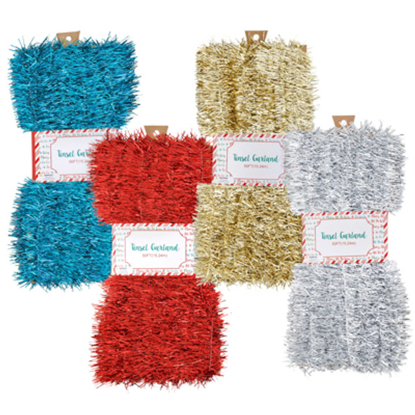 GARLAND TINSEL 50FT CHRISTMAS 4ASST COLORS WRAPCARD/PEGGABLE
