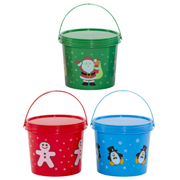 CANDY BUCKET W/LID PLASTIC 3AST CHRISTMAS PRINTS/COLORS 4.75X4X4.25"H XMAS LABEL