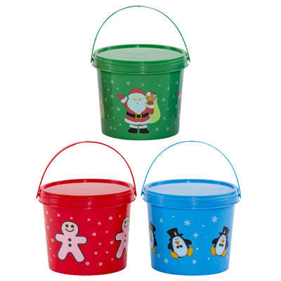 CANDY BUCKET W/LID PLASTIC 3AST CHRISTMAS PRINTS/COLORS 4.75X4X4.25"H XMAS LABEL