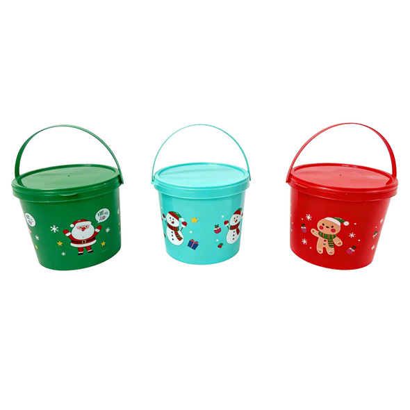 CANDY BUCKET W/LID PLASTIC 3AST CHRISTMAS PRINTS/COLORS 4.75X4X4.25"H XMAS LABEL