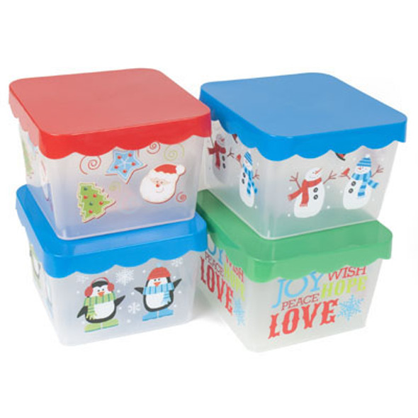 FOOD STORAGE CONTAINER CHRISTMAS SQUARE 7X7X4.7IN PLASTIC W/4 PRINTS XMAS LABEL/3 COLOR LIDS