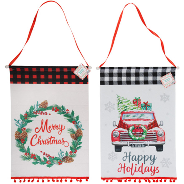 BANNER CHRISTMAS FELT W/POM TRIM 11.8 X 18IN 2AST XMAS HT