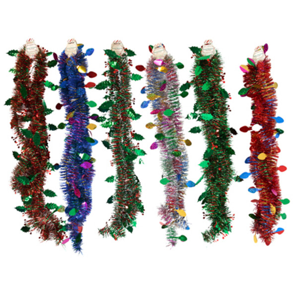 GARLAND TINSEL W/DIECUT BULBS OR HOLLY 9FT 6AST/XMAS BARBELL GARLAND TINSEL W/DIECUT BULBS OR HOLLY 9FT 6AST/XMAS BARBELL