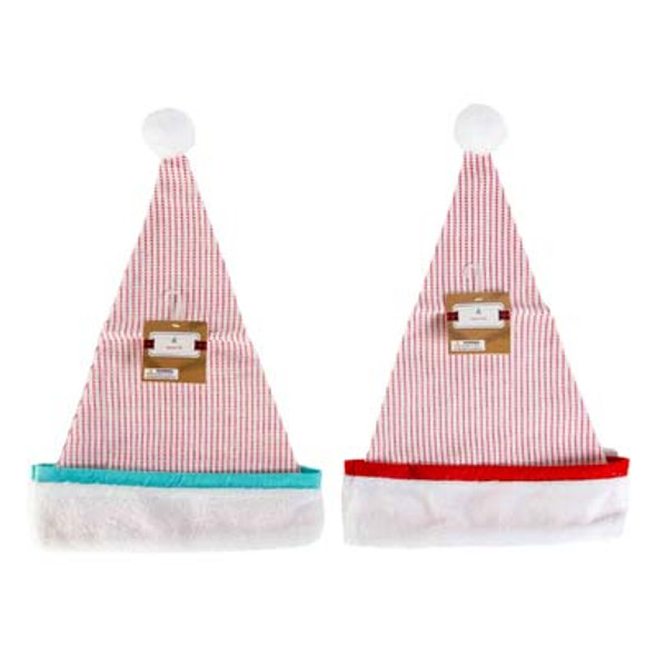 SANTA HAT WHITE STRIPED CANVAS W/HOLLY ACCENT 2AST 11.5X16.5IN3IN PLUSH CUFF XMAS HT/JHOOK