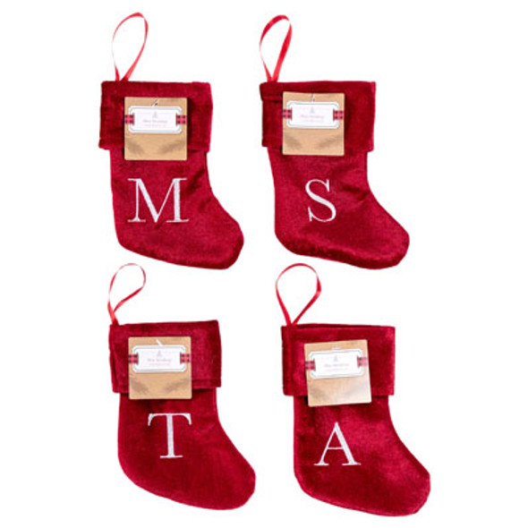 STOCKING MINI VELVET 8IN EMBROID MONOGRAM 16 MOST POPULAR LETTERS EQUALLY ASSTD