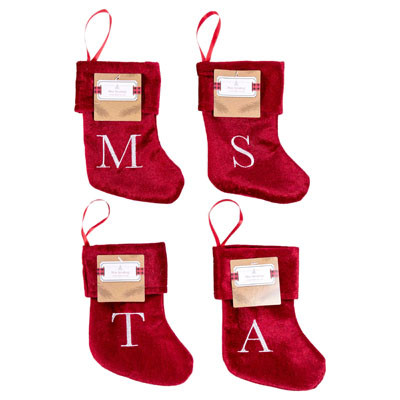 STOCKING MINI VELVET 8IN EMBROID MONOGRAM 16 MOST POPULAR LETTERS EQUALLY ASSTD