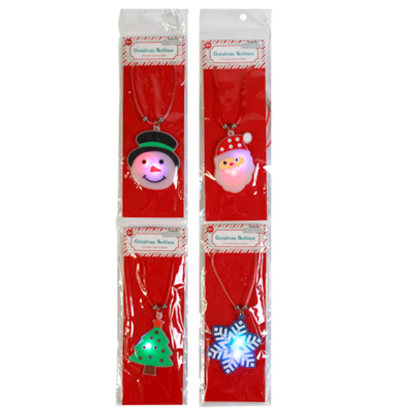 NECKLACE CHRISTMAS LIGHT-UP TPR 4AST SNOWMAN/SANTA/TREE/FLAKE PB/INSERT