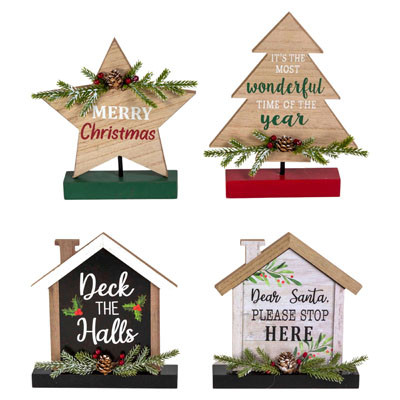 TABLE DECOR CHRISTMAS 4AST MDF W/GREENERY & PINECONE UPC/COMPLY LABEL