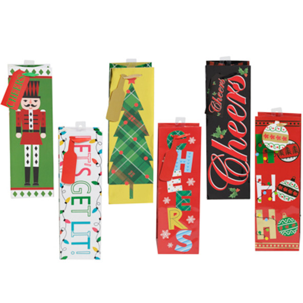 BOTTLE BAG 6AST CHRISTMAS 4.5X4.5X14IN W/RIBBON HANDLE SHAPED TAGS XMAS HT W/JHOOK BOTTLE BAG 6AST CHRISTMAS 4.5X4.5X14IN W/RIBBON HANDLE SHAPED TAGS XMAS HT W/JHOOK