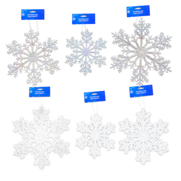 ORNAMENT SNOWFLAKE 3AST SIZES IN 2 FINISHES 8.27/10.24/12.2IN BLUE SNOW HEADER
