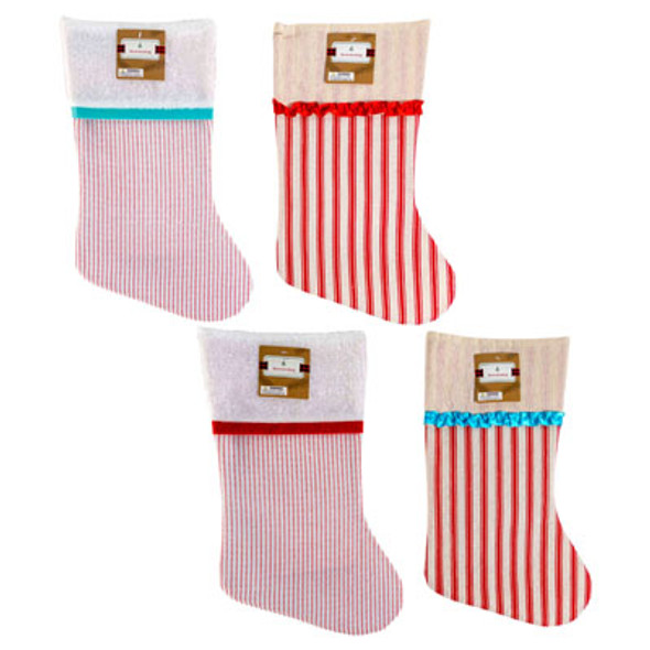STOCKING STRIPED BURLAP/CANVAS4AST 8X17.5IN XMAS HT/JHOOK
